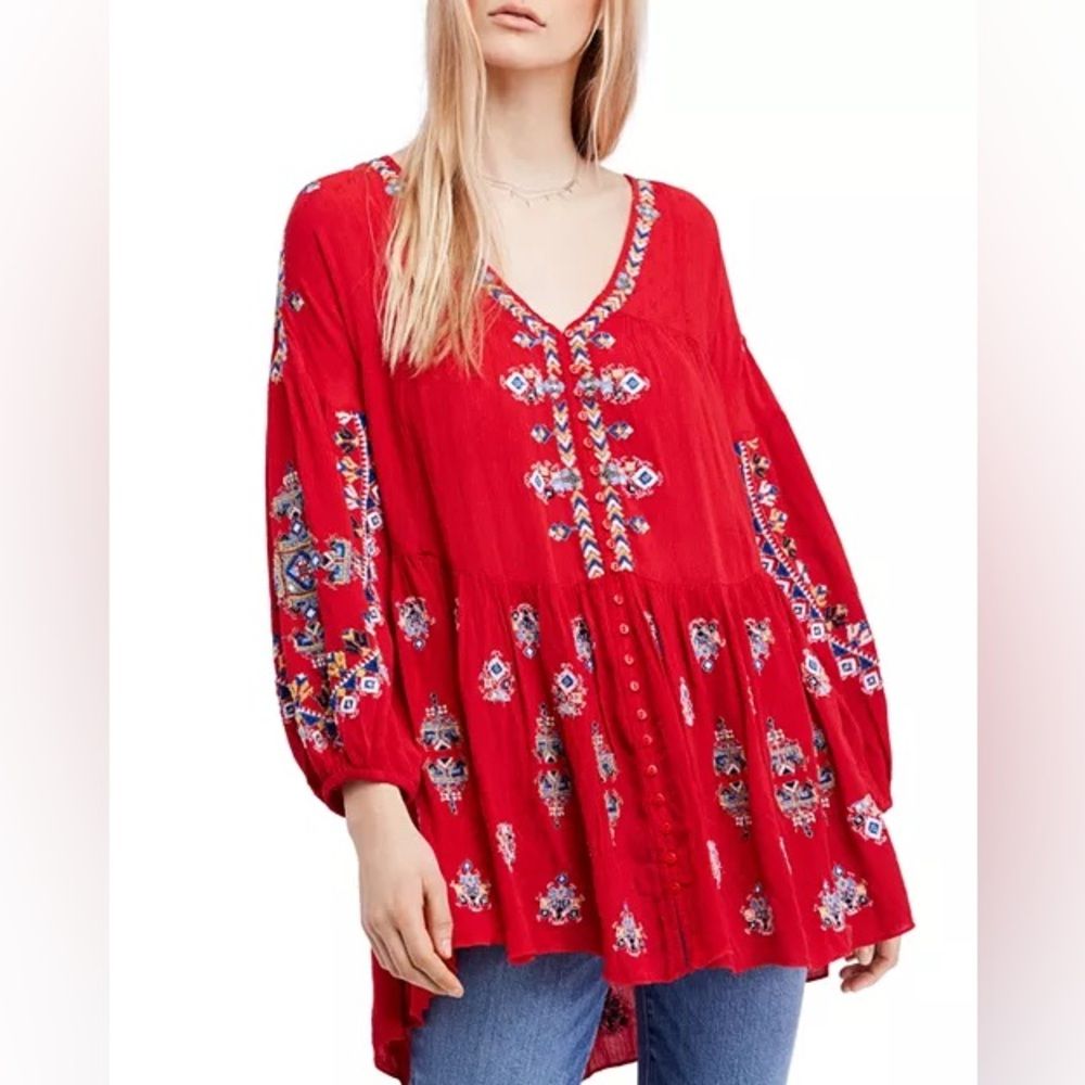 Free People Arianna Embroidered Tunic In Red Size Small